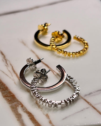 SECRET MESSAGE” Earrings [Personalizes your own message up to 20 charecters] . Avaiable in Gold, Silver