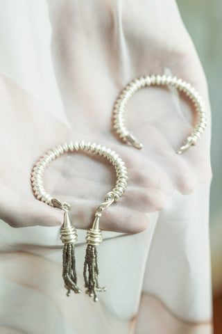 Silver beads open bangle with detachable tassel endings